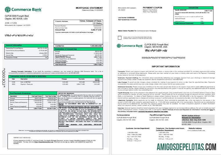 Extrato de hipoteca do USA Commerce Bank em formatos Word e PDF 1 2 exemplo
